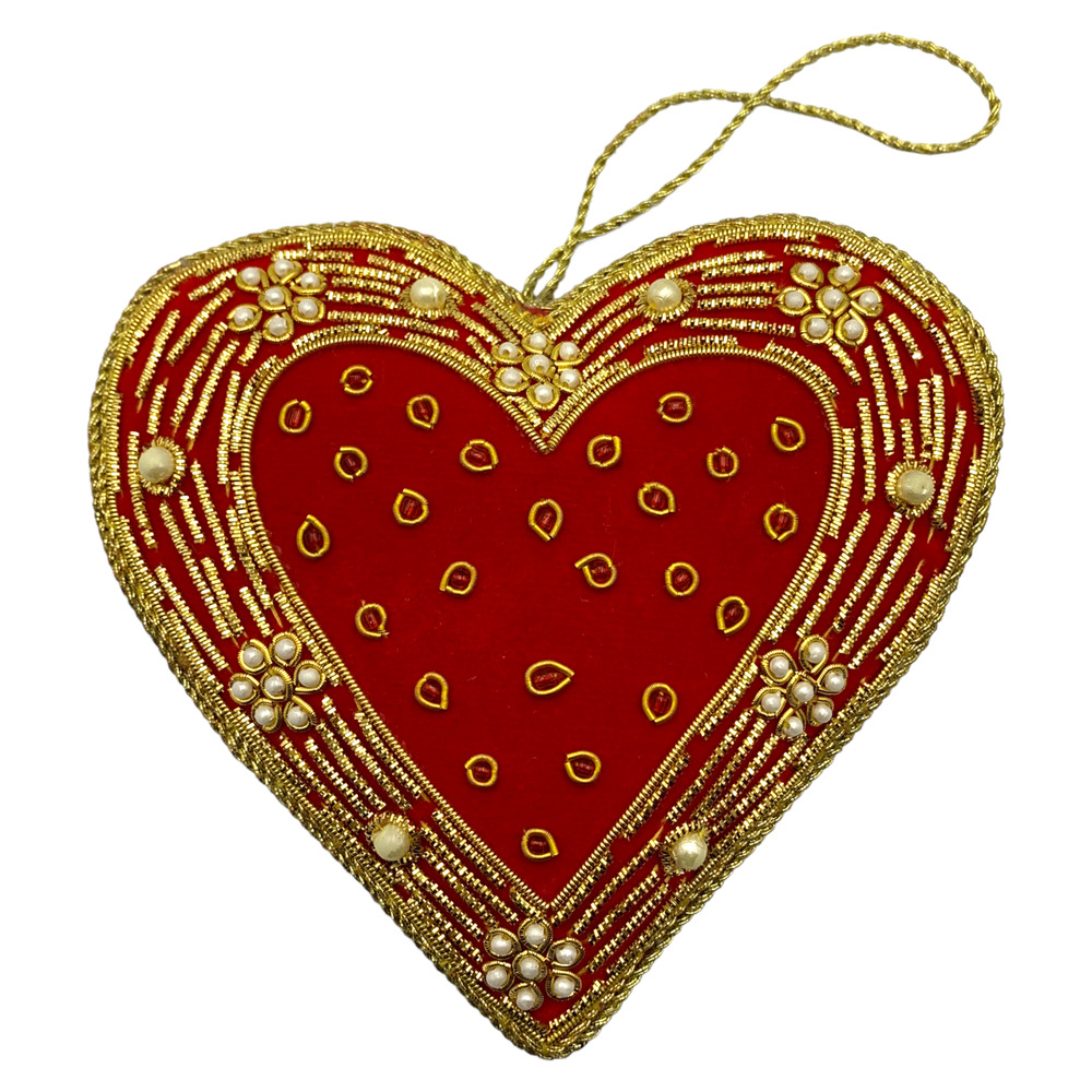 Zari Red Heart Christmas Ornament, Zardozi Embroidery, Gift Bag